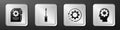 Set Document settings and pen, Screwdriver, Gear and arrows as workflow and Human head with gear inside icon. Silver Royalty Free Stock Photo