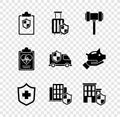 Set Document with shield, Travel suitcase, Judge gavel, Health insurance, House, and Car icon. Vector Royalty Free Stock Photo