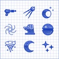 Set Dog in astronaut helmet, Moon and stars, Falling, Death, Black hole, and Ray gun icon. Vector