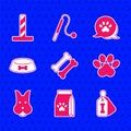 Set Dog bone, Bag of food for pet, collar with, Paw print, Pet bowl cat dog, and Cat scratching post toy icon. Vector Royalty Free Stock Photo