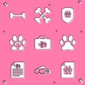 Set Dog bone, Crossed bones, Animal health insurance, Veterinary clinic, Pet first aid kit and Paw print icon. Vector Royalty Free Stock Photo