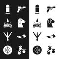 Set Dog, Camping gas stove, Bullet, Pistol or gun, Bird footprint, Hunting horn, Paw and Target sport icon. Vector Royalty Free Stock Photo