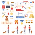 Set of dog care, playing, nutrition, exhibition and training object. Girl with her dog. Command.Vector flat