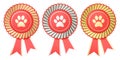 Set of dog or cat winning awards, medals or badges with ribbons.