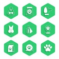 Set Dog collar with bone, Paw print, Location veterinary hospital, Bag of food for pet, and icon. Vector