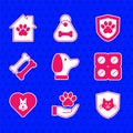 Set Dog, Hands with animals footprint, Animal health insurance, pill, Heart dog, bone, and Pet house icon. Vector