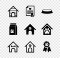 Set Dog house, Certificate for dog or cat, Pet food bowl, and bone, paw print pet and award symbol icon. Vector Royalty Free Stock Photo