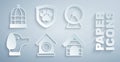 Set Dog house, Hamster wheel, Animal health insurance and Cage for birds icon. Vector Royalty Free Stock Photo