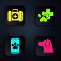 Set Dog, Pet first aid kit, Online veterinary clinic symbol and Veterinary clinic symbol. Black square button. Vector