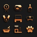 Set Dog shit in bag, Cat scratching post, Paw print, tooth, litter tray with shovel, award symbol, Dustpan and icon