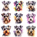 Set of dogs breed Miniature Schnauzer painted in watercolor on a white background in a realistic manner. Ideal for