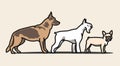 Set of dogs breeds made in modern logo style. Pet breed symbol vector illustration. German shepherd, Schnauzer and French bulldog