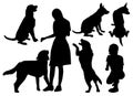 Set of dogs and owner silhouettes Royalty Free Stock Photo