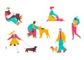Set of dogs and owners characters, flat cartoon vector illustration isolated.