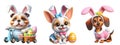 Cutout Set of Cute 3D Dogs Dressed Up as Easter Bunny, Isolated on Transparent or White Background: PNG Clipart Royalty Free Stock Photo