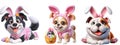 Cutout Set of Cute 3D Dogs Dressed Up as Easter Bunny, Isolated on Transparent or White Background: PNG Clipart Royalty Free Stock Photo