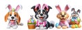 Cutout Set of Cute 3D Dogs Dressed Up as Easter Bunny, Isolated on Transparent or White Background: PNG Clipart Royalty Free Stock Photo