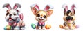 Cutout Set of Cute 3D Dogs Dressed Up as Easter Bunny, Isolated on Transparent or White Background: PNG Clipart Royalty Free Stock Photo