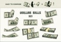 Set of 100 dollar bills, stacks, wads. Royalty Free Stock Photo