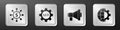 Set Dollar, share, network, Seo tag with gear wheel, Megaphone and Globe of the Earth and gear icon. Silver square Royalty Free Stock Photo