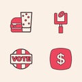 Set Dollar symbol, Burger, American football goal post and Vote icon. Vector