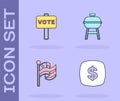 Set Dollar symbol, Vote, American flag and Barbecue grill icon. Vector Royalty Free Stock Photo