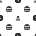 Set Dollar symbol, White House and Burger on seamless pattern. Vector