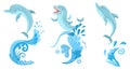 Set of dolphins jumps from the ocean wave. Blue water pattern. Vector characters on white background Royalty Free Stock Photo