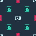 Set Domino, Photo camera and Picture landscape on seamless pattern. Vector Royalty Free Stock Photo