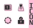 Set Donation for church, Online pastor preaching, Crown of thorns and Monk icon. Vector