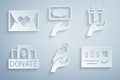 Set Donation water, Give gift, and charity, Bank check, and Envelope with heart icon. Vector Royalty Free Stock Photo