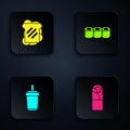 Set Doner kebab, Sandwich, Paper glass with straw and Sushi. Black square button. Vector