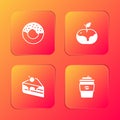 Set Donut, Apple in caramel, Piece of cake and Coffee cup to go icon. Vector Royalty Free Stock Photo