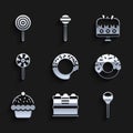 Set Donut, Cake, Lollipop, Cupcake, plate and icon. Vector Royalty Free Stock Photo
