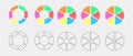 Set of donut charts segmented on 6 equal parts. Infographic wheels divided in six colored and graphic sections. Circle