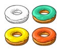 Set donut with different glaze. Vector color hand drawn vintage engraving
