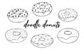 Set Donut Doodles. vector illustration. drawing line donuts. Sketch of delicious donuts. Sweet desserts