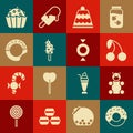 Set Donut, Jelly bear candy, Cherry, Cake, Ice cream, Cupcake and Candy icon. Vector