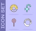 Set Donut, , Lollipop and Christmas candy cane icon. Vector