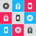 Set Donut, Online ordering and delivery and Bag packet potato chips icon. Vector