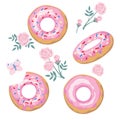 Set of donut with pink icing and sprinkles and rose flower. Cartoon style Royalty Free Stock Photo