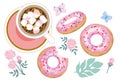 Set of donut with pink icing and sprinkles, rose flower and cup of black coffee with marshmallow. Cartoon style Royalty Free Stock Photo