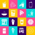 Set Donut, Pizza, Soda and hotdog, drink with donut, Glass water, Nachos plate, and Slice of pizza icon. Vector