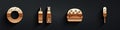 Set Donut, Sauce bottle, Burger and Corn dog icon with long shadow. Vector