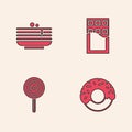 Set Donut, Stack of pancakes, Chocolate bar and Lollipop icon. Vector