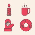Set Donut with sweet glaze, Burning candle in candlestick, Coffee cup and Christmas mitten icon. Vector