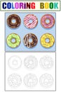 Set of 6 donuts. Color and coloring book. Cartoon raster