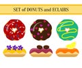 Set of donuts and eclairs