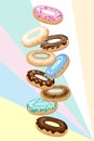 Set of donuts with icing, sprinkles, black and white chocolate. Doughnut on colorful background. Cartoon style Royalty Free Stock Photo