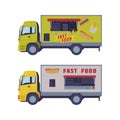 Set of dood trucks. Side view of vans for street food selling cartoon vector illustration